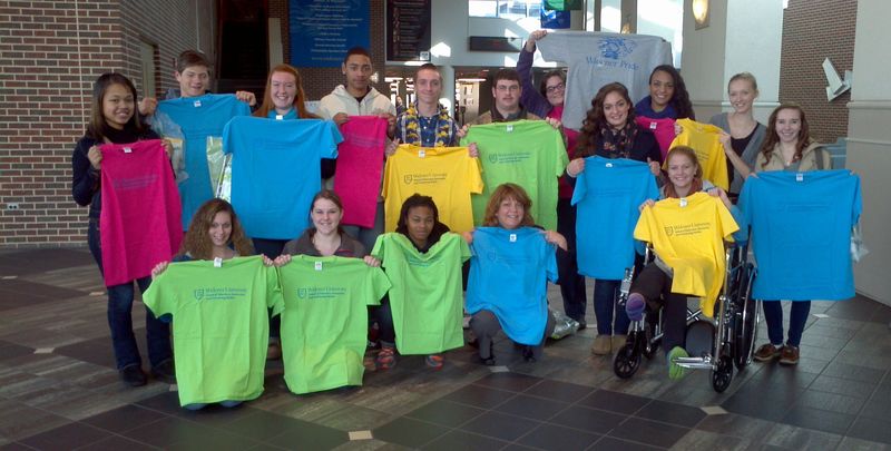 Students show off the T-shirts they received during their visit to Widener University. Standing in back row (l-r) are Krysta Pritchett, Millsboro; Josh Mohun, Millsboro; Paige Robinson, Georgetown; Bryan Blake, Laurel; Brad Gordon, Milton; Garrett Beideman, Milford; Eileen Clevenger, Magnolia; Raven Berner, Georgetown; Jessica Thomas, Georgetown; Sarah Eckhardt, Bridgeville; and Bailey Joseph, Millsboro. In front are Michelle Howell, Seaford; Chelsea Timmons, Selbyville; Thomeka Floyd, Georgetown; teacher Sandy Furbush; and Abby Genshaw, Seaford. SOURCE SUBMITTED